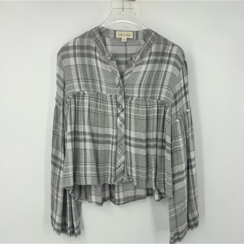 Cloth & Stone Anthropologie Gray White Plaid Top Pleats XS Cropped | G1868